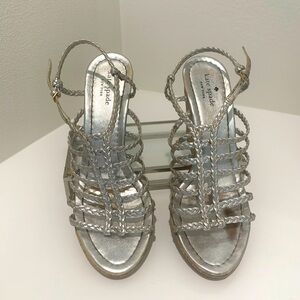Kate Spade New York Womens Metallic Braided Strappy Cork Wedges Silver Size 8